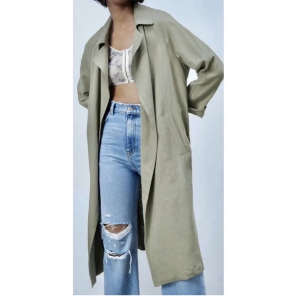 Zara Oversized Drop Shoulder Open Long Trench Coat Duster Sz S Olive Green